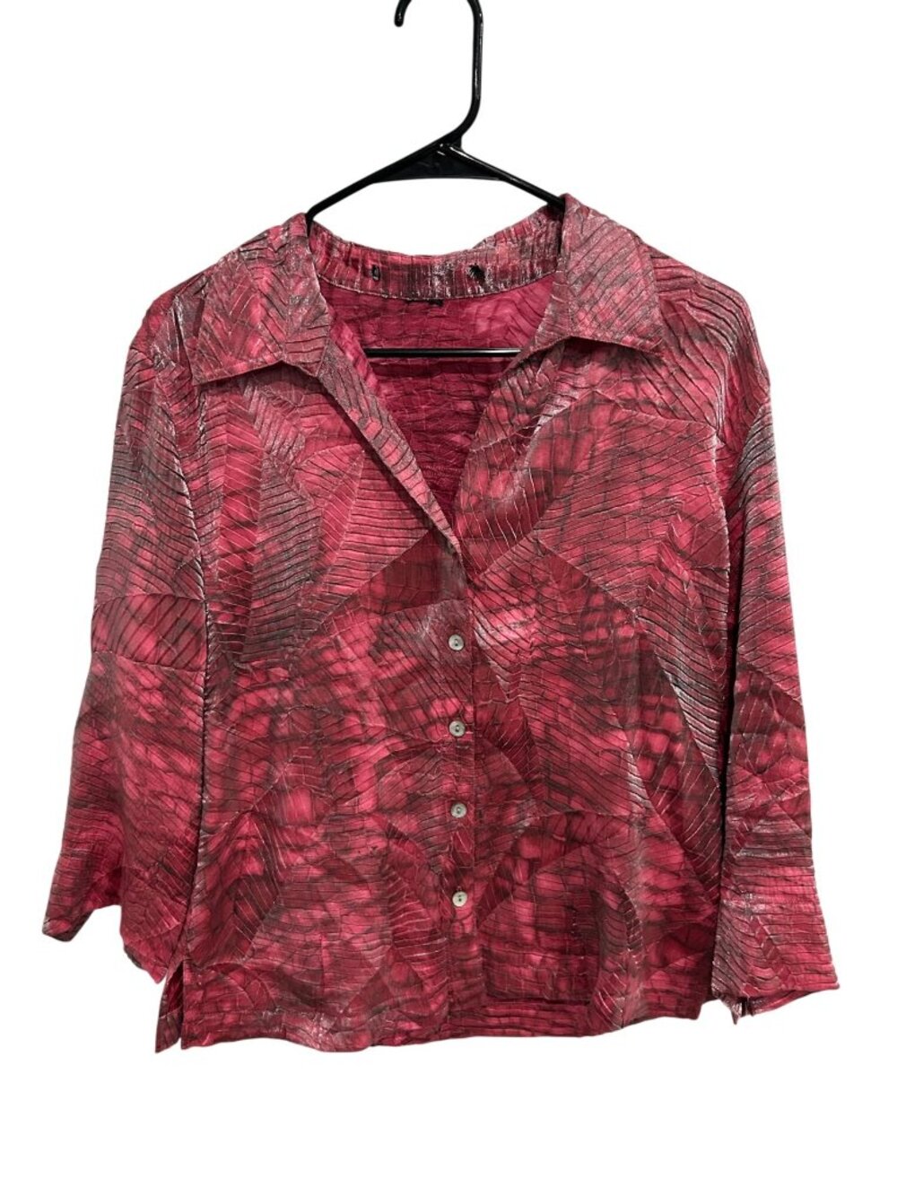 Scott Taylor Blouse Pink Alligator Texture Button Up 3/4 Sleeve Chic Retro